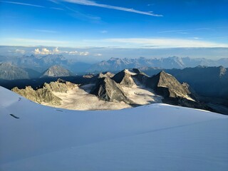 wonderful view of the glaciers from the grand combin. glaciated massif in the western Valais Alps, in the southwest of the canton of Valais, Switzerland