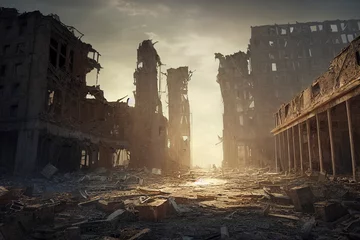 Fototapete Post-apocalyptic city, destroyed buildings, dystopian landscape painting © Mikiehl Design