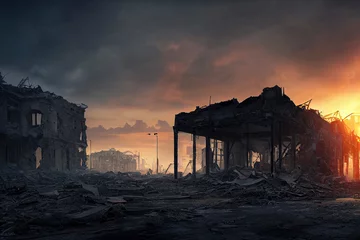 Cercles muraux Gris 2 Post-apocalyptic city, destroyed buildings, dystopian landscape painting
