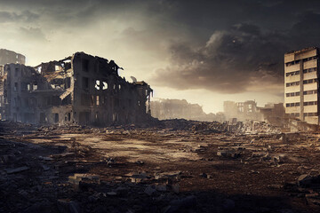 Post-apocalyptic city, destroyed buildings, dystopian landscape painting - obrazy, fototapety, plakaty
