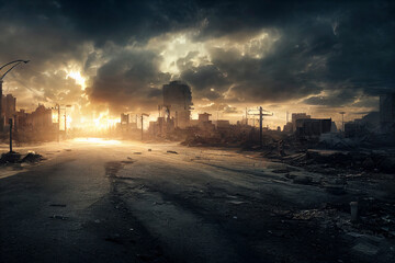 Post-apocalyptic city, destroyed buildings, dystopian landscape painting - obrazy, fototapety, plakaty