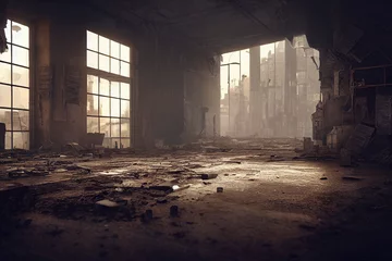 Rolgordijnen Post-apocalyptische stad, verwoeste gebouwen, dystopische landschapsschilderkunst © Mikiehl Design
