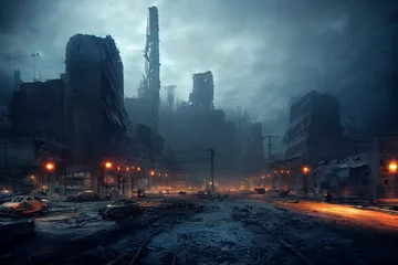 Photo sur Plexiglas Blue nuit Post-apocalyptic city, destroyed buildings, dystopian landscape painting