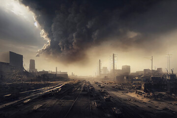 Post-apocalyptic city, destroyed buildings, dystopian landscape painting