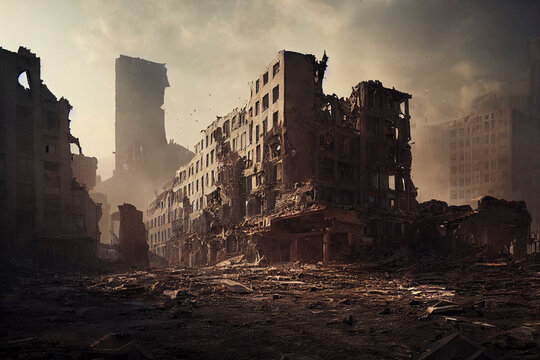 Post-apocalyptic city, destroyed buildings, dystopian landscape painting