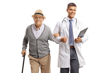 Male doctor walking with an elderly male patient