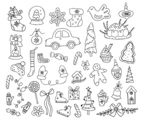 Christmas vector doodles. Set New Years decor, gifts, Christmas sock, car, Christmas tree, garland, mittens, bell, gingerbread, caramel stick, pie and skates. Isolated linear hand drawn
