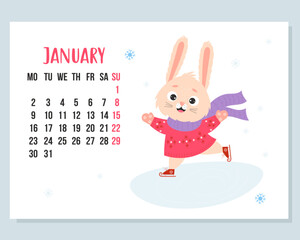 January 2023 calendar. Cute winter bunny in knitted clothes is skating. rabbit is symbol 2023 year to Chinese zodiac. Vector illustration. horizontal Template. Week from Monday In English.