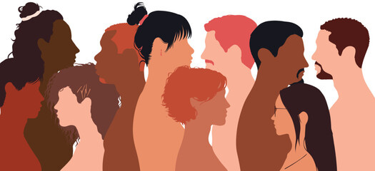 A flat cartoon of a diverse group of men and women standing together, supporting racial equality. Multi-ethnic and multiracial diversity.
