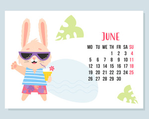 June 2023 calendar. Cute sea bunny beach boy in sunglasses and with cocktail. Vector illustration. Horizontal Template. Week from Monday In English. A4. rabbit is symbol of 2023 Chinese zodiac