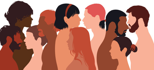 A multicultural group of men and women of diverse culture, representing racial equality and anti-racism. Multicultural society. Flat cartoon profile.
