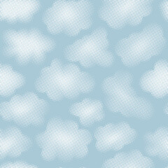 Blue sky with halftone clouds. Seamless pattern with dotted gradient clouds. Repeat background fluffy halftone cloudscape