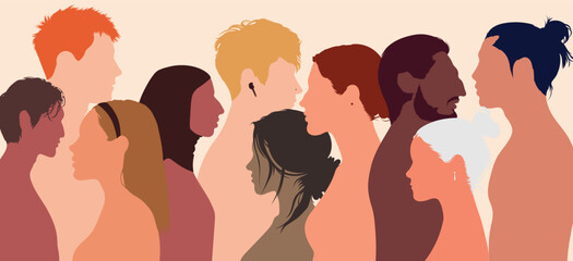 A flat cartoon of a diverse group of men and women standing together, supporting racial equality. Multi-ethnic and multiracial diversity.