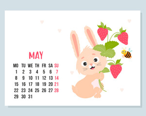 May 2023 calendar. Cute bunny with bouquet of strawberries and funny bee. Vector illustration. horizontal Template. Week from Monday In English. 2023 year rabbit  to Chinese zodiac.