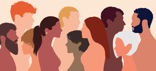 A multicultural group of men and women of diverse culture, representing racial equality and anti-racism. Multicultural society. Flat cartoon profile.