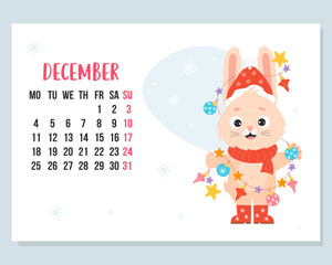 December 2023 calendar. Cute bunny in santa hat with garland and christmas balls. Vector illustration. horizontal Template. Week from Monday In English. rabbit symbol 2023 year to Chinese zodiac
