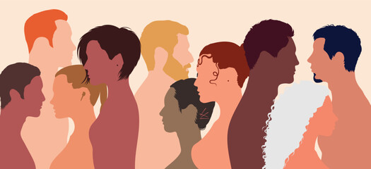 Communicate and speak. Social networks and communication. Multiethnic people. Talking crowd with cartoon profiles. Many people talking in harmony.