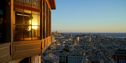 Panoramic View of the City of Genoa at Sunset from the Spianata Castelletto