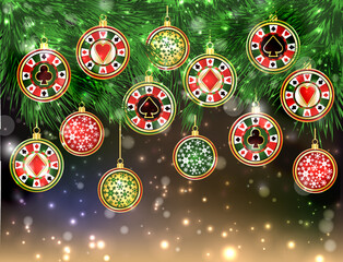 Happy New  year. Christmas Casino banner with poker chip, vector illustration