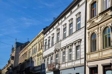 The architecture of old colorful buildings on the historical center of Lviv
