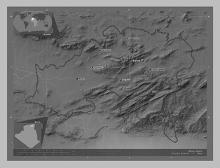 Batna, Algeria. Grayscale. Labelled points of cities