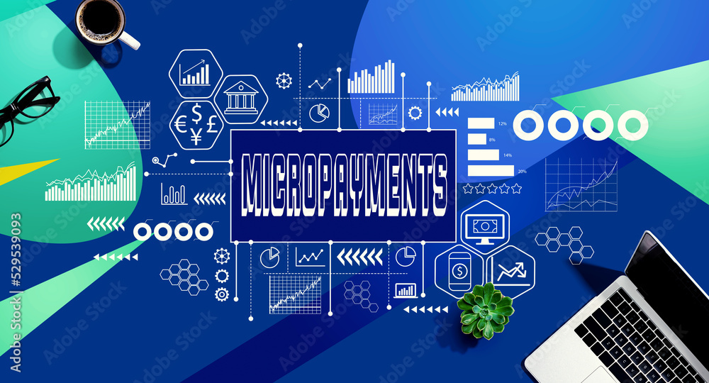 Aufkleber micropayments theme with a laptop computer on a blue and green pattern background