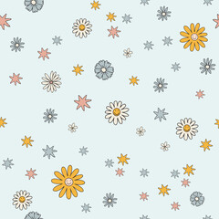 Colorful floral seamless pattern. Groovy flowers vector illustration, hippie aesthetic. Funny multicolored print for fabric, paper, any surface design. Psychedelic wallpaper