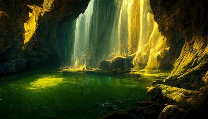 イラスト 絵画 神秘的な洞窟 ファンタジー 滝 泉
