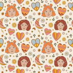 Trendy seamless pattern with cute face girl in hippie style, Positive, Groovy, Hippie style stickers. Retro 60s, 70s style. Background, wallpaper, textile design for children, kids. Cartoon pattern de