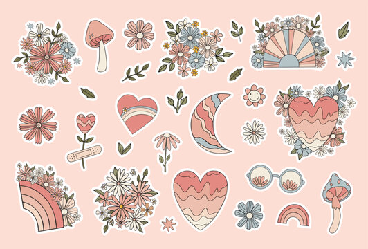 Pink pastel color flowers stickers. Moon, leaves, flowers, rainbows set stikers for diary.
