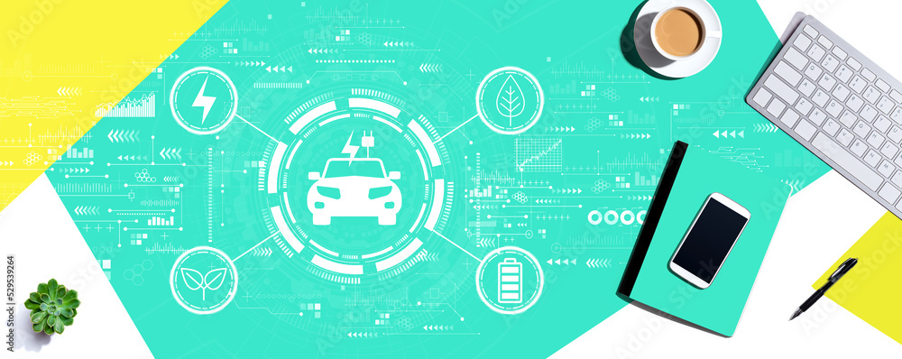 Aufkleber ev concept with a computer keyboard and office items