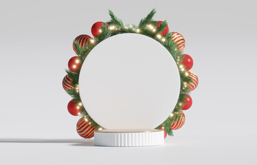3D podium display, Christmas background. Beauty product, cosmetic presentation. Gold, glitter ornament. Nature green Christmas tree branch. New Year studio abstract pedestal. winter 3D render mockup.