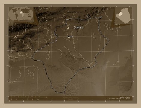 Bechar, Algeria. Sepia. Labelled points of cities