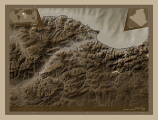 Bejaia, Algeria. Sepia. Labelled points of cities