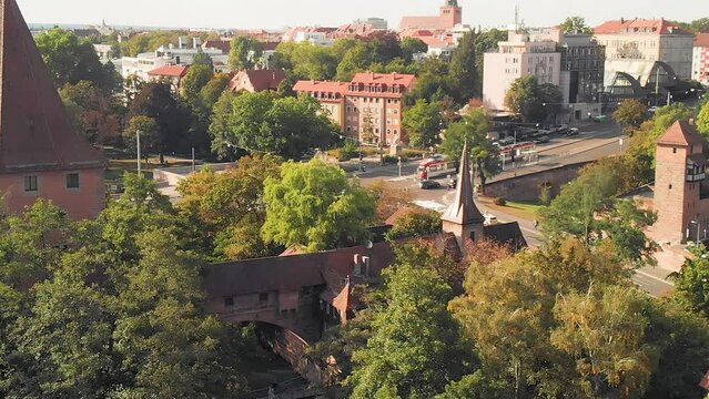 Aerial panoramic view of Nurnberg medieval german town from drone