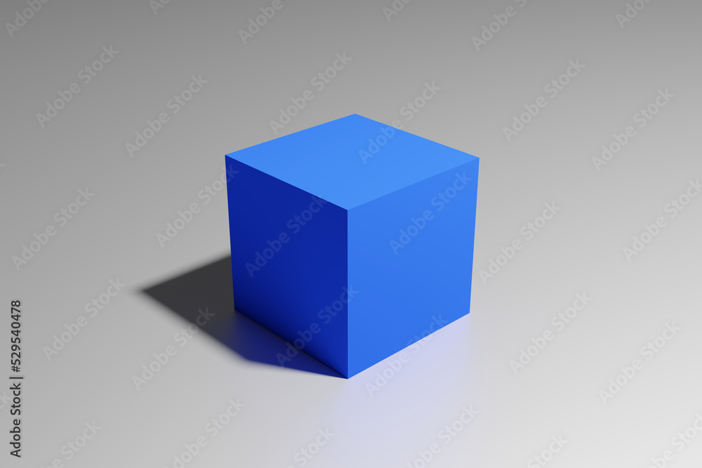 Poster 3d rendering of a blue cube box with shadow in perspective view on a glossy white surface