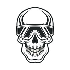 Hand drawn human skull wearing black and white sunglasses, sketch style vector illustration isolated on white background. Outline vector skull in black.