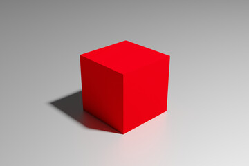 3D rendering of a red cube box with shadow in perspective view on a glossy white surface