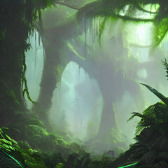 A 3d digital rendering of a tropical rainforest environment with moss and foliage.