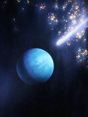 Fantasy space landscape with alien planet, comet and nebulae. Earth-like planet in deep space. Comet approaching exoplanet.