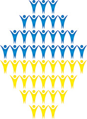 Cartoon people with raised hands, a symbol of victory and triumph. The colors of ukrainian flag. Vector graphics.