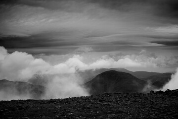 A black and white view of Scafell in the Lake District on a cloudy morning
