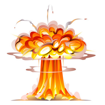 Bomb explosion vector. Atomic explosion with smoke, flame and particles cartoon illustration
