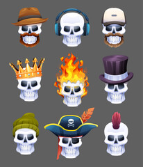Collection of skull heads in various characters. Skulls cartoon illustration