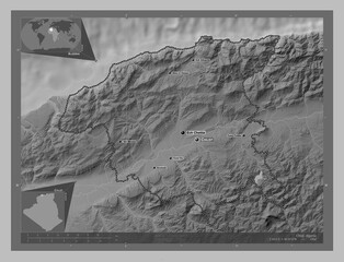 Chlef, Algeria. Grayscale. Labelled points of cities