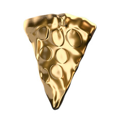 Slice of gold pizza 3d rendered shiny and reflective isolated transparent on white. 3d pizza top view.