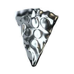 Slice of silver pizza 3d rendered shiny and reflective isolated transparent on white. 3d pizza top view.