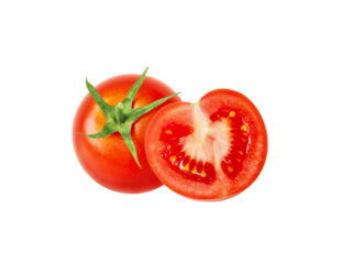 Tomato red whole and half cut vegetables isolated transparent png. Solanum lycopersicum ripe fruit.