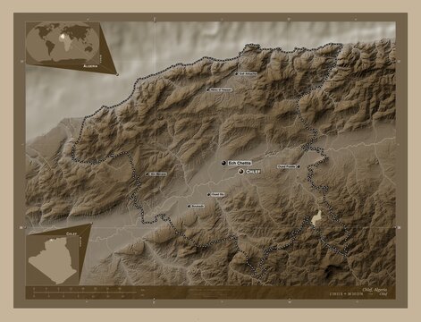 Chlef, Algeria. Sepia. Labelled points of cities