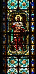 Stained-glass window depicting Saint Edward the Confessor. Blumental church in Bratislava,...